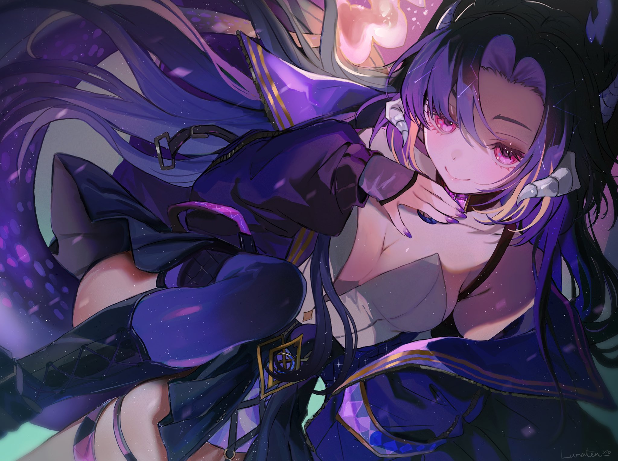 the image is a digital drawing of an animestyle girl. she has long, purple hair with streaks of lighter purple or blonde, and a matching purple outfit with dark accents.  she has horns, suggesting a fantastical creature, and possibly a dragon tail. she's lying down, gazing directly at the viewer with a seductive look in her pink eyes, and her pose is slightly suggestive. her clothes have hints of gold and the overall style is fantasythemed with a darklyhued color palette.  there are glittering particles scattered around her, adding a magical quality to the image. the art style is highly detailed and polished, emphasizing the character's features and her overall attractiveness.