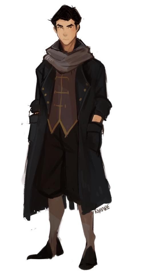 a digital illustration of a male character wearing a long black coat, a brown scarf, black gloves and brown boots.  the man is standing with a confident expression on his face.