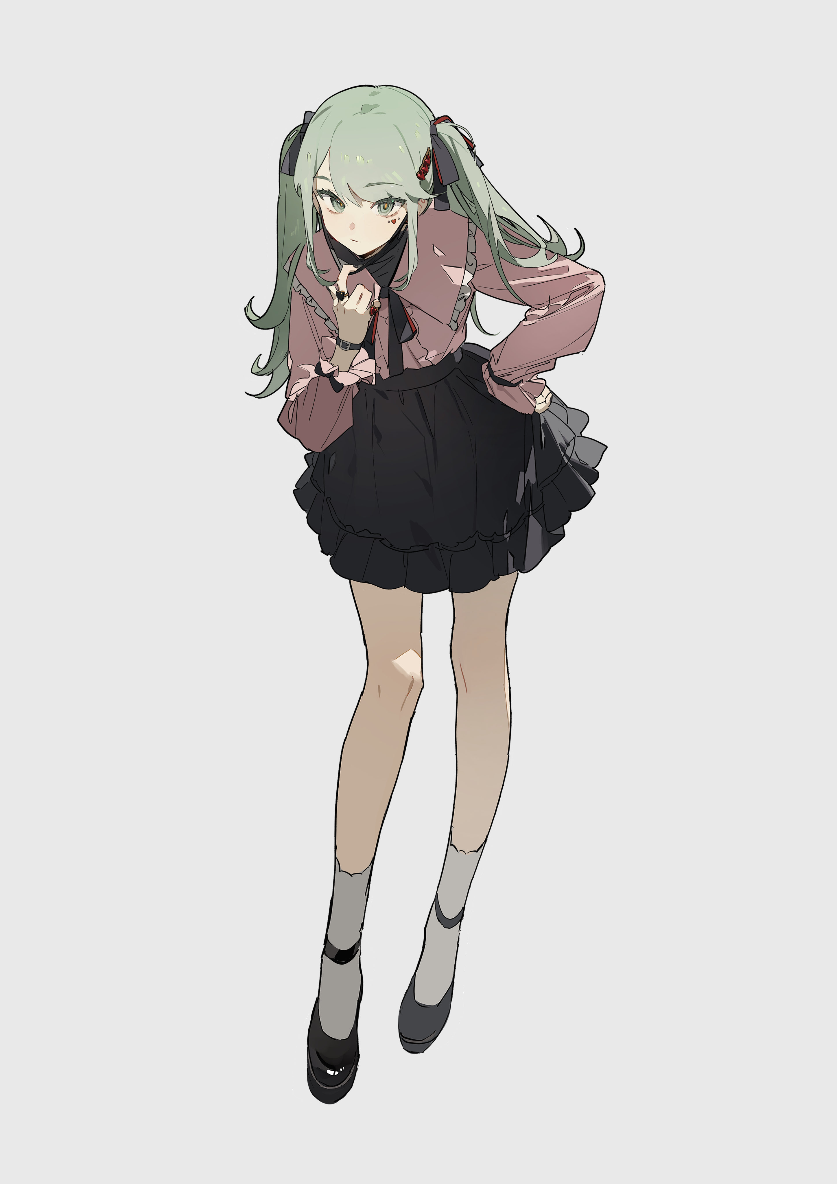 he image is a fullbody illustration of an animestyle girl. she has long, light green hair styled in pigtails with small dark red ribbons. she's wearing a pale pink, longsleeved blouse with lace detailing at the collar and cuffs, over a black, ruffled miniskirt. her shoes are dark colored mary janes with white socks showing. she is standing with her legs slightly bent, and her hands near her face, in a pose that seems thoughtful or slightly mischievous. the art style is soft and slightly sketchy, with a focus on gentle lines and muted colors. the background is a plain light grey.