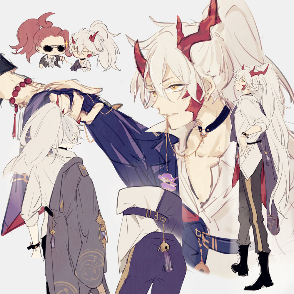 the image showcases several variations of an anime character. the main character is a handsome young man with long white hair and red horns. he is dressed in a purple jacket and white shirt, with a gold chain and choker. he is also wearing a black choker and a gold belt. he has sharp white eyes and a smirk. the image includes other variations of the character with different outfits and expressions. the image is drawn in a vibrant and colorful style with delicate details. the character’s appearance is striking and captivating. the overall style is reminiscent of popular anime and manga.