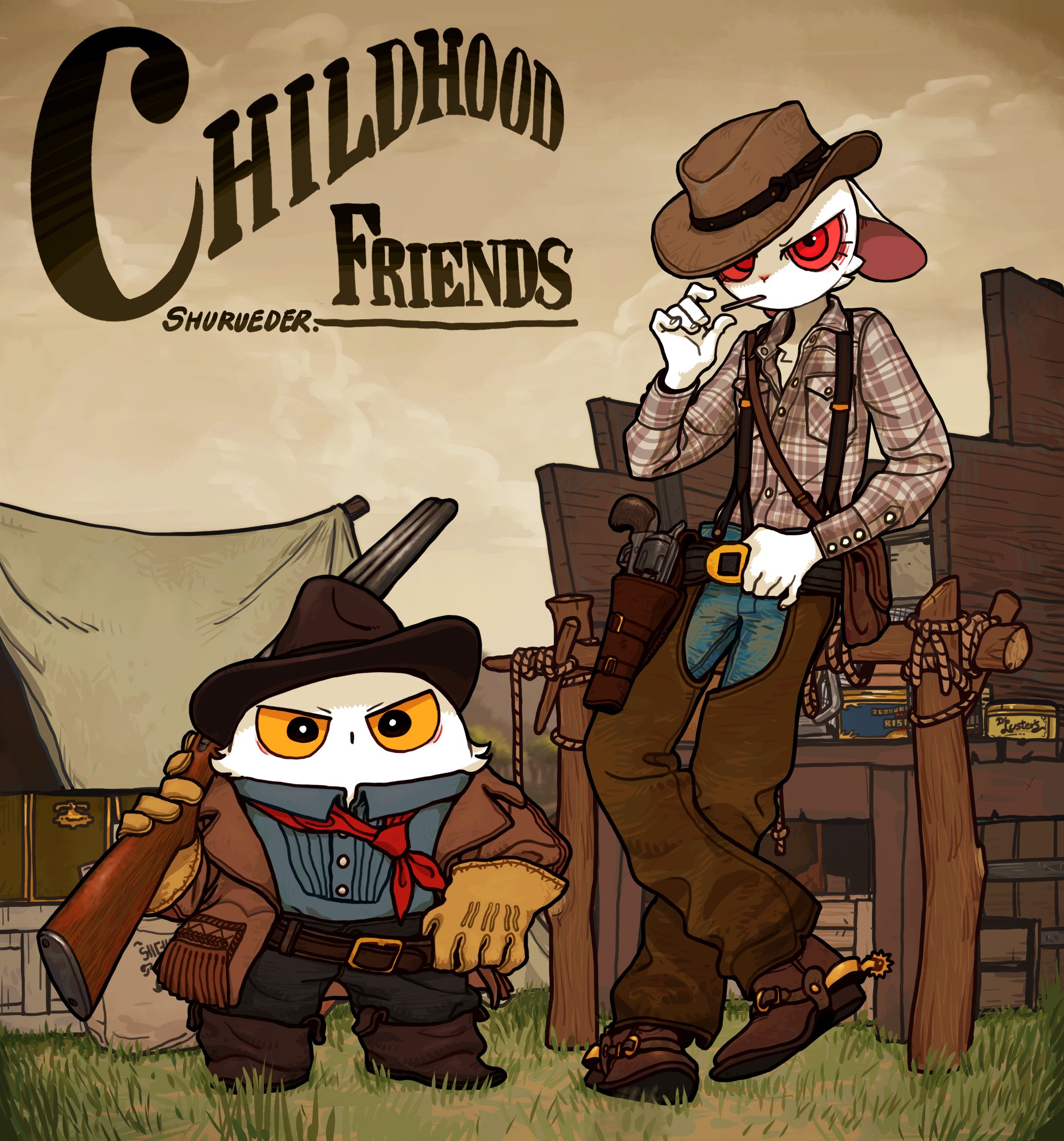 an illustration of two cartoon animal cowboys, a rabbit and an owl. they are standing in a western setting, with a saloon, a wooden fence, and a tent in the background. the owl is wearing a brown cowboy hat, brown vest and chaps, holding a gun, and  a red bandana around his neck. the rabbit is wearing a brown cowboy hat, a plaid shirt, and brown chaps. he is holding a gun, and he has red eyes. both are looking forward, seemingly getting ready to go into town.  the title of the image is "childhood friends", written in bold black letters at the top of the image.