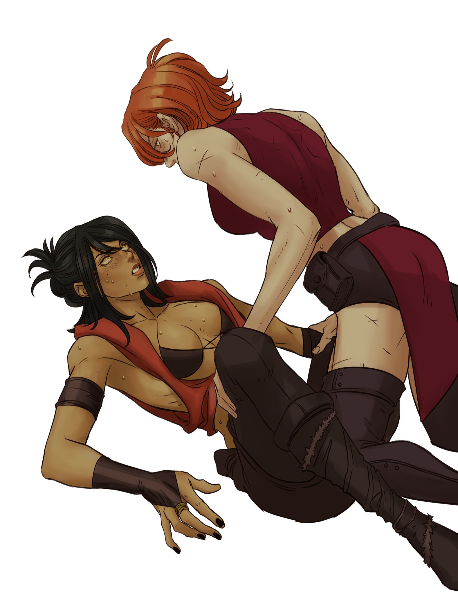 two women are wrestling, one with short red hair and one with short black hair, both are sweating, wearing black tops, maroon vests, and black pants.