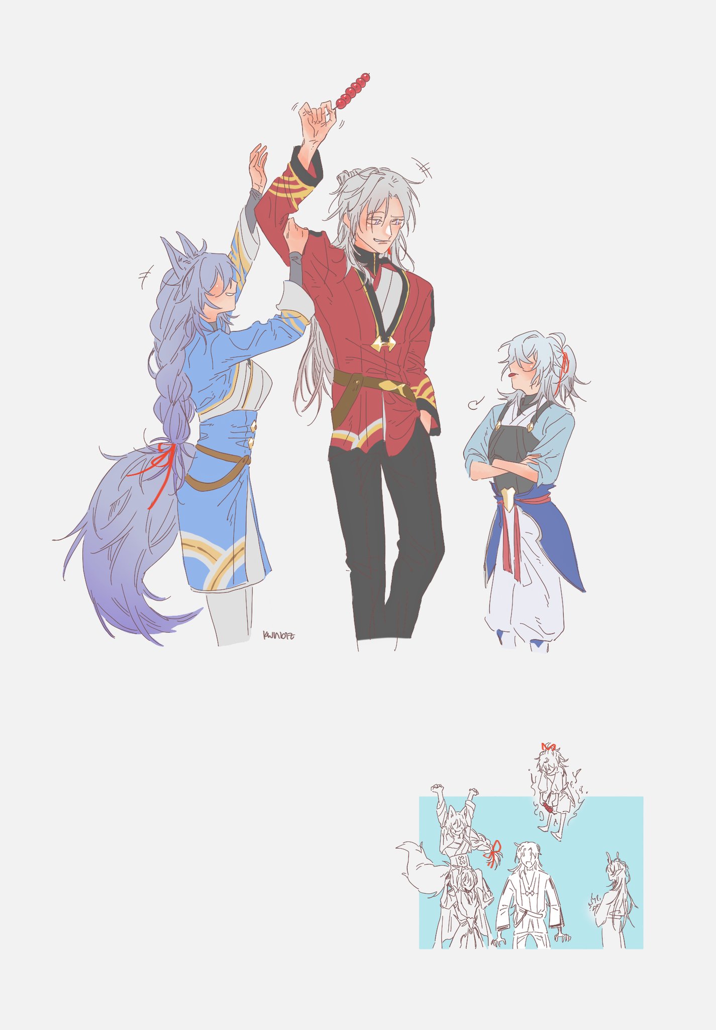 the image is a colorful anime illustration of three characters. the characters are all dressed in colorful clothing and have distinct personalities. the background is a simple blue sky with white clouds. the image is likely fanart of a popular anime series.  it is a playful and lighthearted piece of art, full of joy and happiness. the illustration is simple and cute, with a focus on the characters and their expressions.