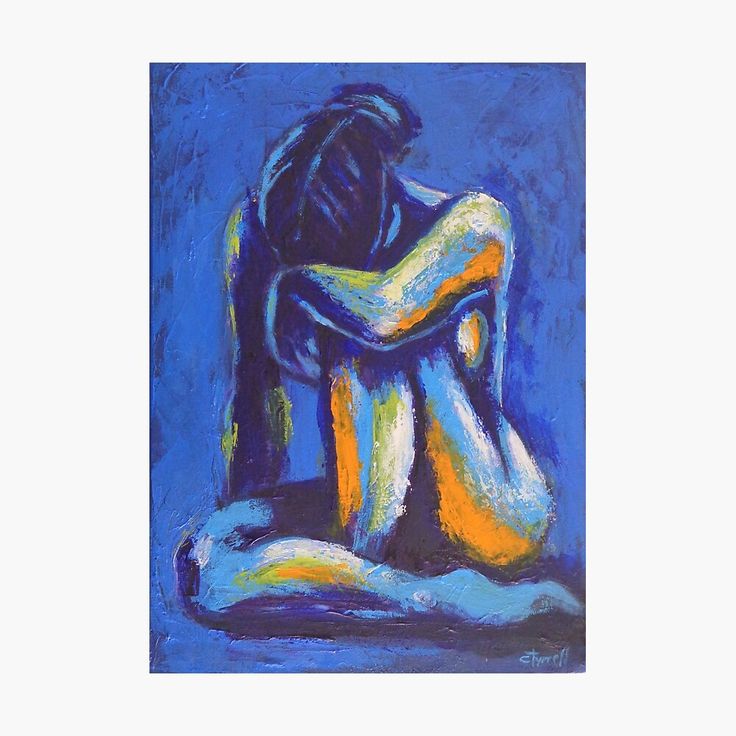 a painting of a nude female figure sitting with her arms around her legs. the figure is painted in shades of blue, orange, yellow, and green, with a background of blue. the painting is abstract and expressive. the artist used oil paint to create this painting, which is painted on canvas. the artwork is contemporary.