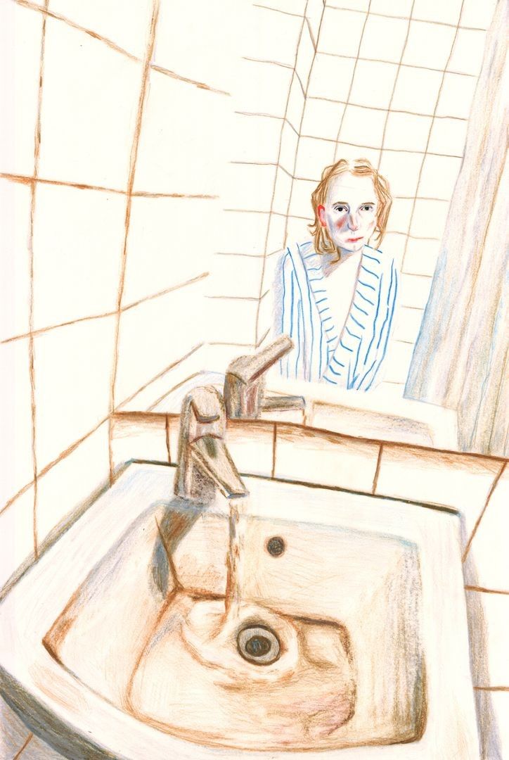 a handdrawn illustration of a bathroom sink with a faucet running, the water flowing into the sink. the sink is made of porcelain and the faucet is made of metal. the wall behind the sink is tiled with white and light brown tiles. a mirror above the sink reflects a person in a blue and white striped shirt, they appear to be a young adult. this illustration has been created using colored pencil on white paper.