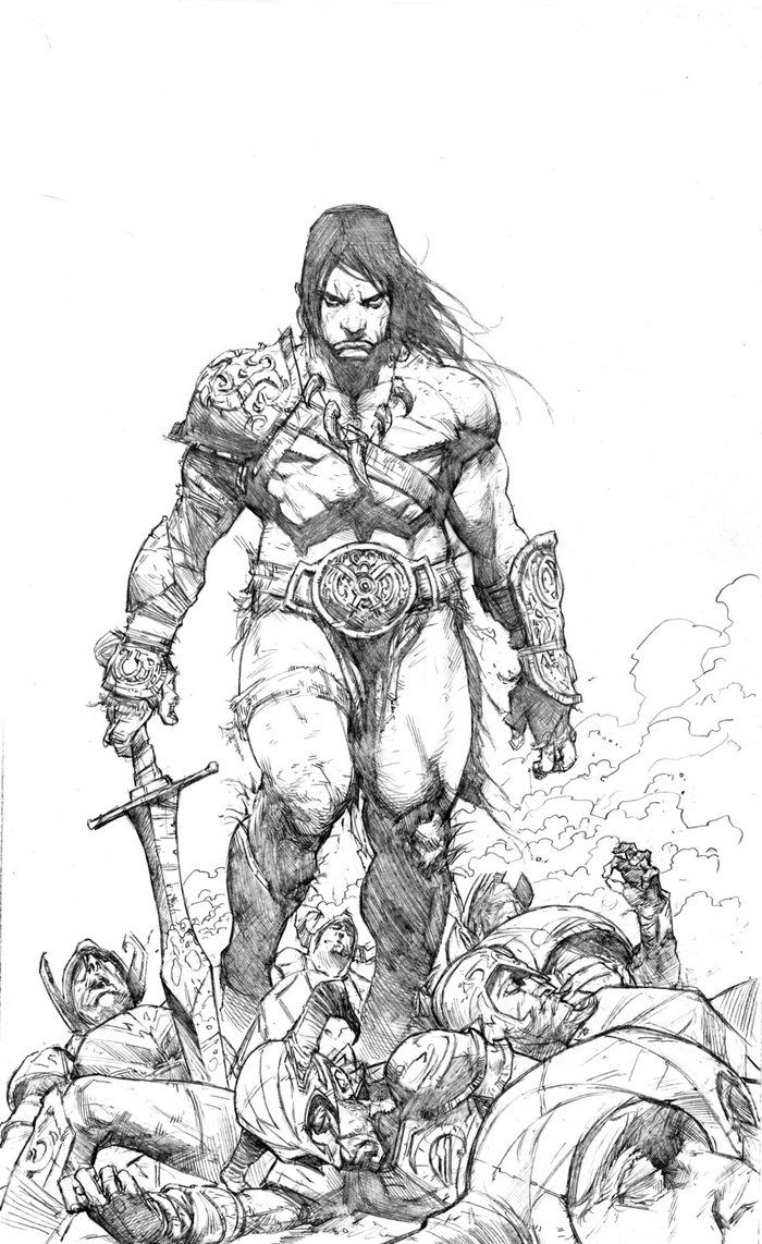a fantasy illustration depicts a powerful barbarian warrior standing amidst a pile of fallen enemies. the warrior is a muscular male figure with long dark hair and a beard. he wears ornate armor, including a detailed belt, gauntlets, and a single shoulder pad. he holds a sword in his right hand, its tip resting on the ground. the ground beneath him is littered with the bodies of defeated foes, some wearing helmets and armor, adding to the scene of battle and victory. the image is a detailed pencil drawing with a focus on shading and texture.