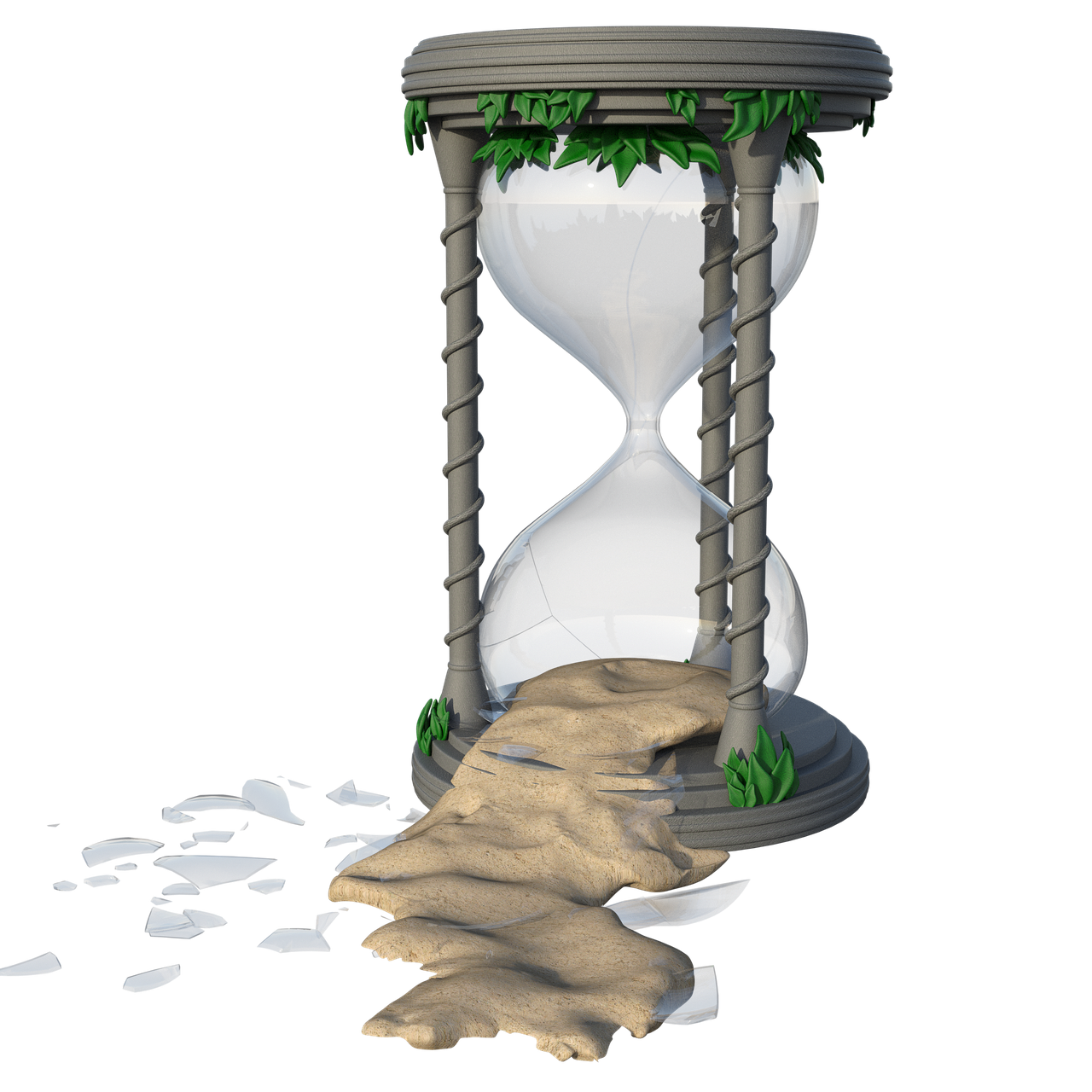 a rendered 3d image shows a broken hourglass with sand spilling out. the glass is shattered, with shards scattered around the base. vines grow around the top of the hourglass. the image suggests the concept of time running out, decay, or ruin.