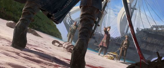 the image depicts a tense scene on a tropical beach, likely following a pirate confrontation.  in the foreground, a fallen pirate's point of view shows another pirate standing over them, a bloody cutlass planted in the sand.  further back, two more pirates stand near an open treasure chest, while a large ship dominates the background. the overall tone is dramatic and actionpacked, with the low angle shot adding to the intensity.