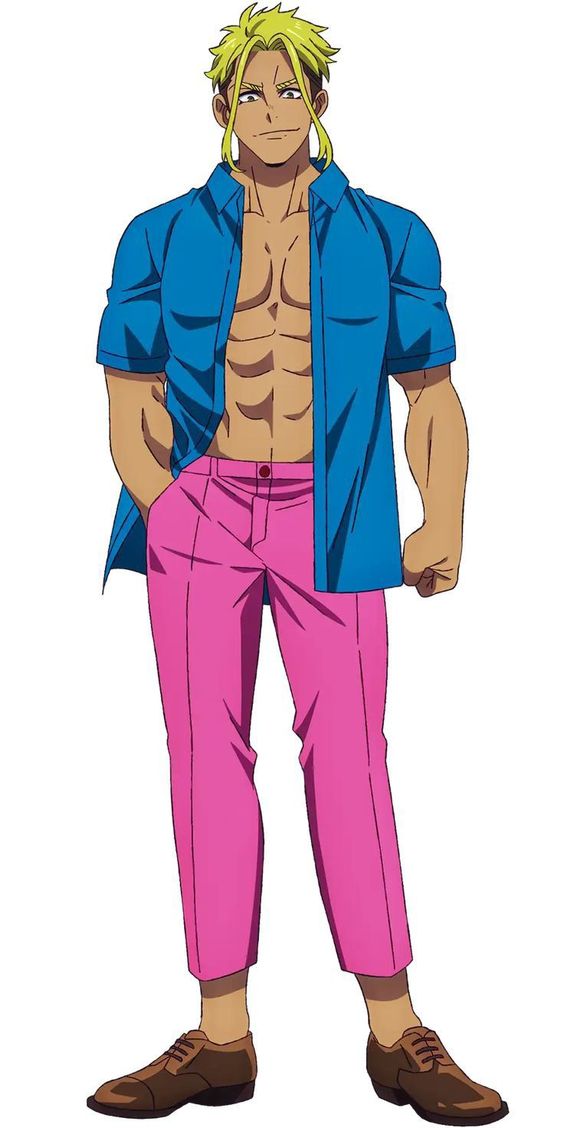 the image features a muscular, blondehaired anime man standing confidently against a plain white background. he is wearing a partially unbuttoned blue shirt that reveals his welldefined abs. he pairs this with vibrant pink pants and brown dress shoes. his confident posture and direct gaze towards the viewer contribute to the overall sense of strength and style conveyed in the image.