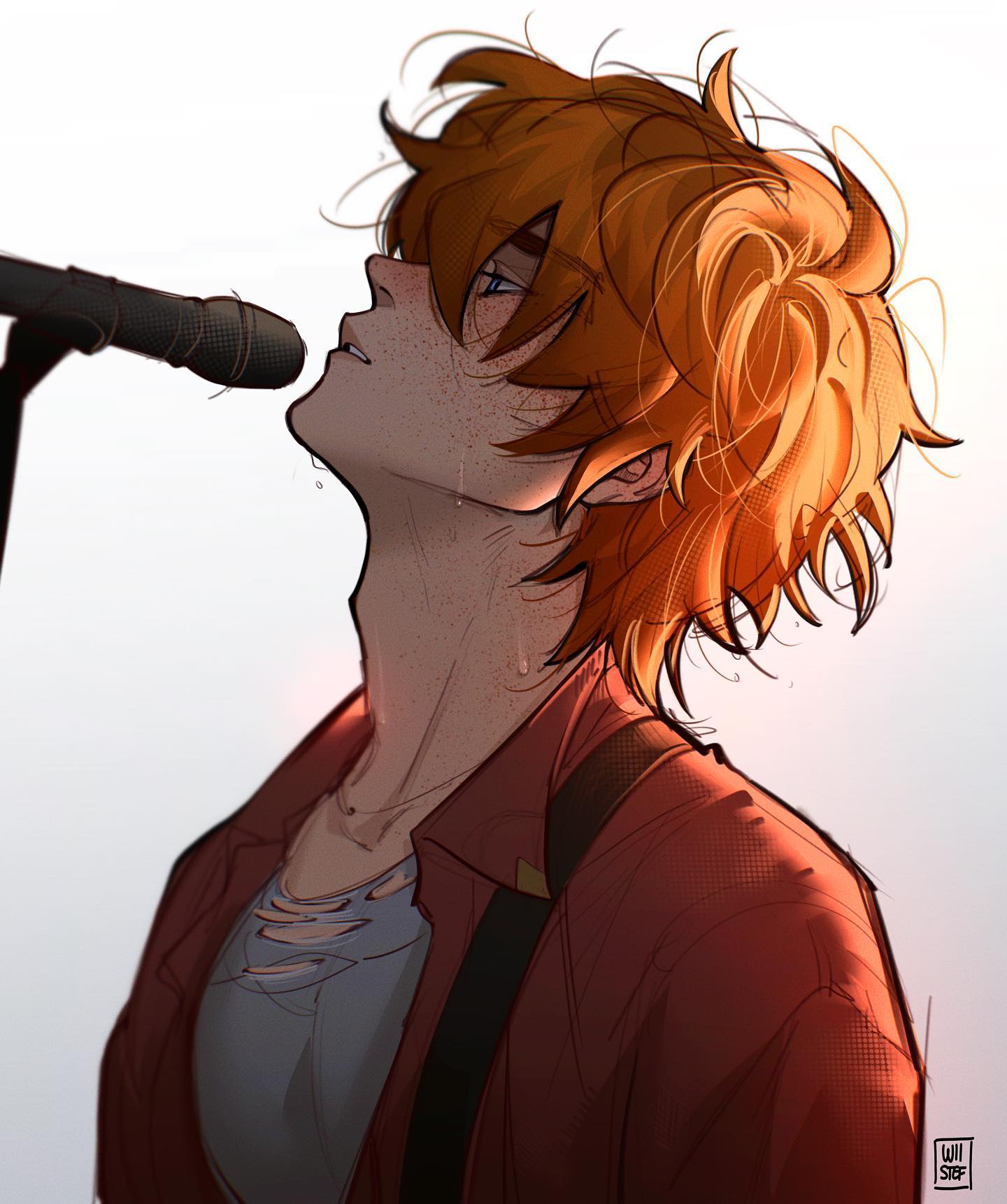 the image is a digital painting or illustration of a young man with bright orange hair and freckles. he is positioned with his head tilted back, appearing to be singing into a microphone that's partially visible in the upper left corner. sweat droplets are visible on his neck and face, suggesting exertion or emotion.  he is wearing a reddishbrown shirt with some tearing at the chest area, giving it a slightly worn or casual look. the style is reminiscent of anime or manga, with a focus on expressive features and soft shading. the overall mood is somewhat melancholic or intense. the artist's signature, "will slef," is visible in the bottom right corner.