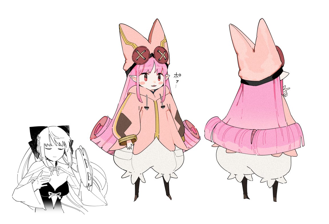 he image contains character design concept art of an animestyle girl.  there are three views of the main character: front, back, and a side profile. the character is a cute, pinkhaired elflike creature wearing a pink hooded coat, goggles, and what looks like rolledup fabric trailing behind her.  the style is whimsical and pasteltoned.  a separate, more sketchy drawing shows a second character, a girl in black clothing holding a tambourine, possibly representing a different costume or design direction.  japanese text is visible near the main character. the overall aesthetic is light, airy, and fantastical.