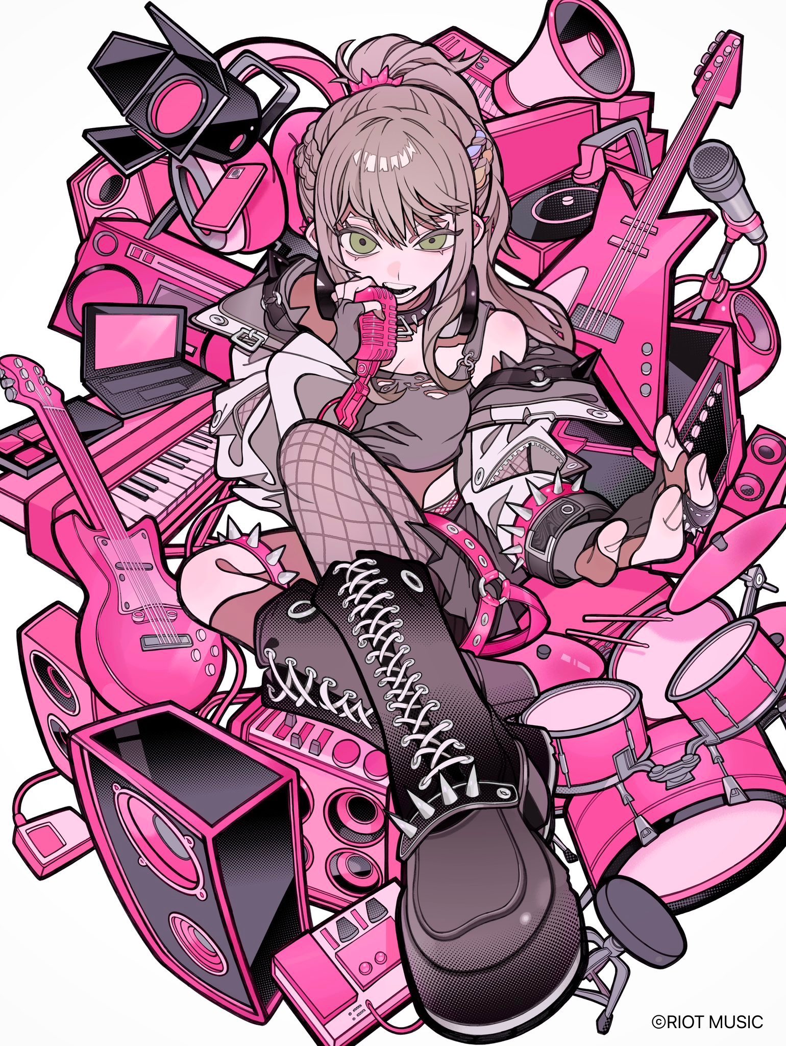 the image is a vibrant and energetic illustration of an anime girl musician. she is depicted wearing punk rock attire, including a leather jacket, fishnet stockings, and combat boots. the girl is surrounded by a variety of musical instruments, including a guitar, drums, microphones, speakers, and headphones. all of these items are rendered in a cartoon style with bright colors and bold lines. the girl is in the center of the image, her arms raised in a rock and roll pose. the overall feel of the illustration is one of excitement and energy. the pink background and contrasting black color scheme make the piece eyecatching. the image is likely to be used as a promotional piece for a concert or album release.