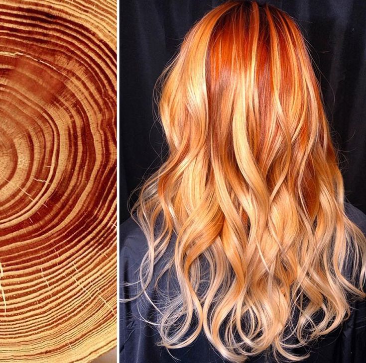 a photo of a woman with long wavy hair that is ombre with copper red and blonde tones. the hair is styled so that the copper red is near the top and the blonde is near the bottom.