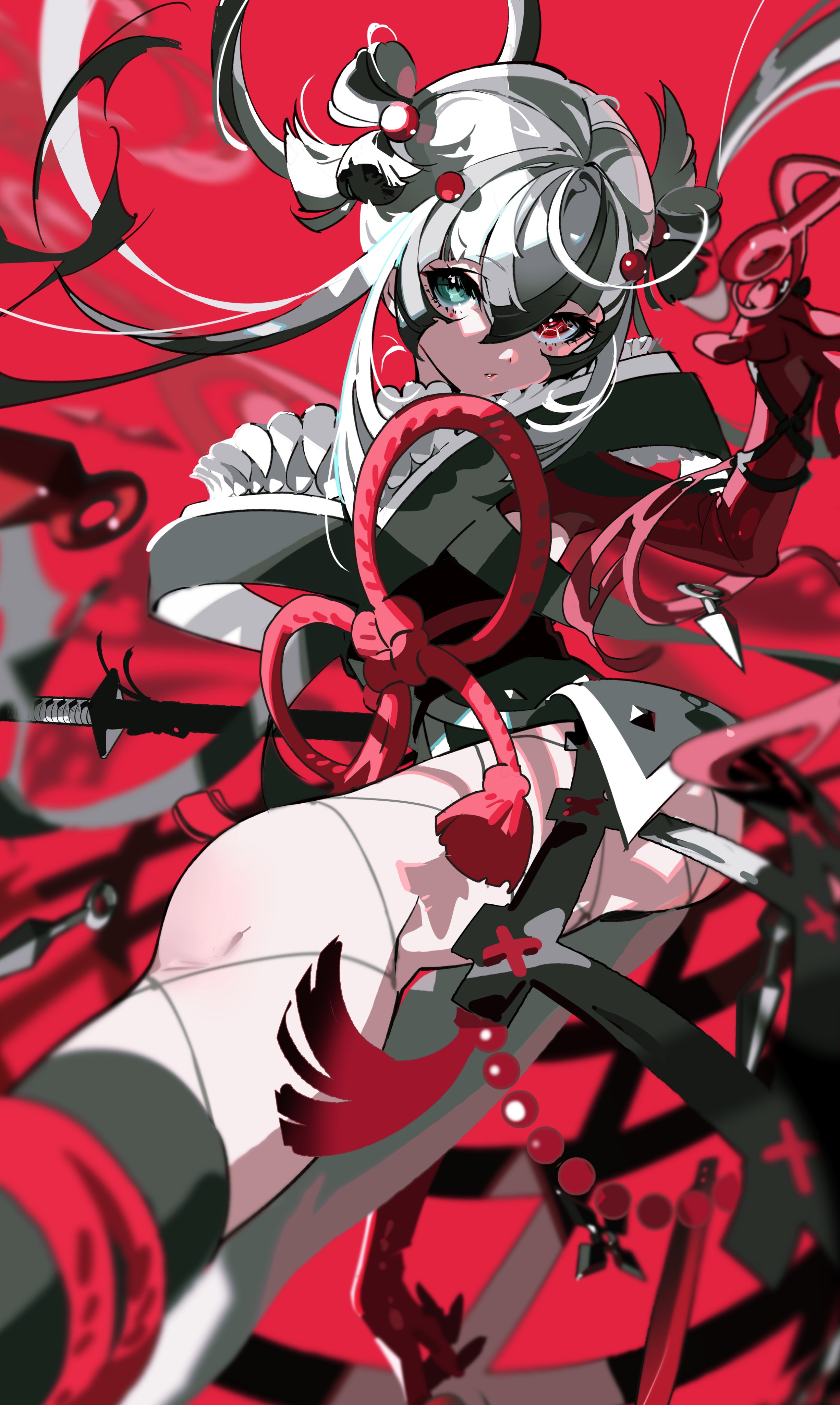 the image features a fiercelooking anime girl posed dynamically against a vibrant red background. she sports striking white hair with black horns, captivating red eyes accentuated by a mask, and a mix of black, white, and red attire with intricate details. the artwork exudes energy with its strong lighting and lowangle perspective, further emphasized by the presence of numerous swords surrounding her.
