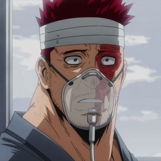 a closeup portrait of a muscular man with red hair and visible scarring on his face. he has a bandage wrapped around his head and is wearing a breathing mask. his expression is one of concern. the soft lighting suggests an indoor setting, likely a hospital.