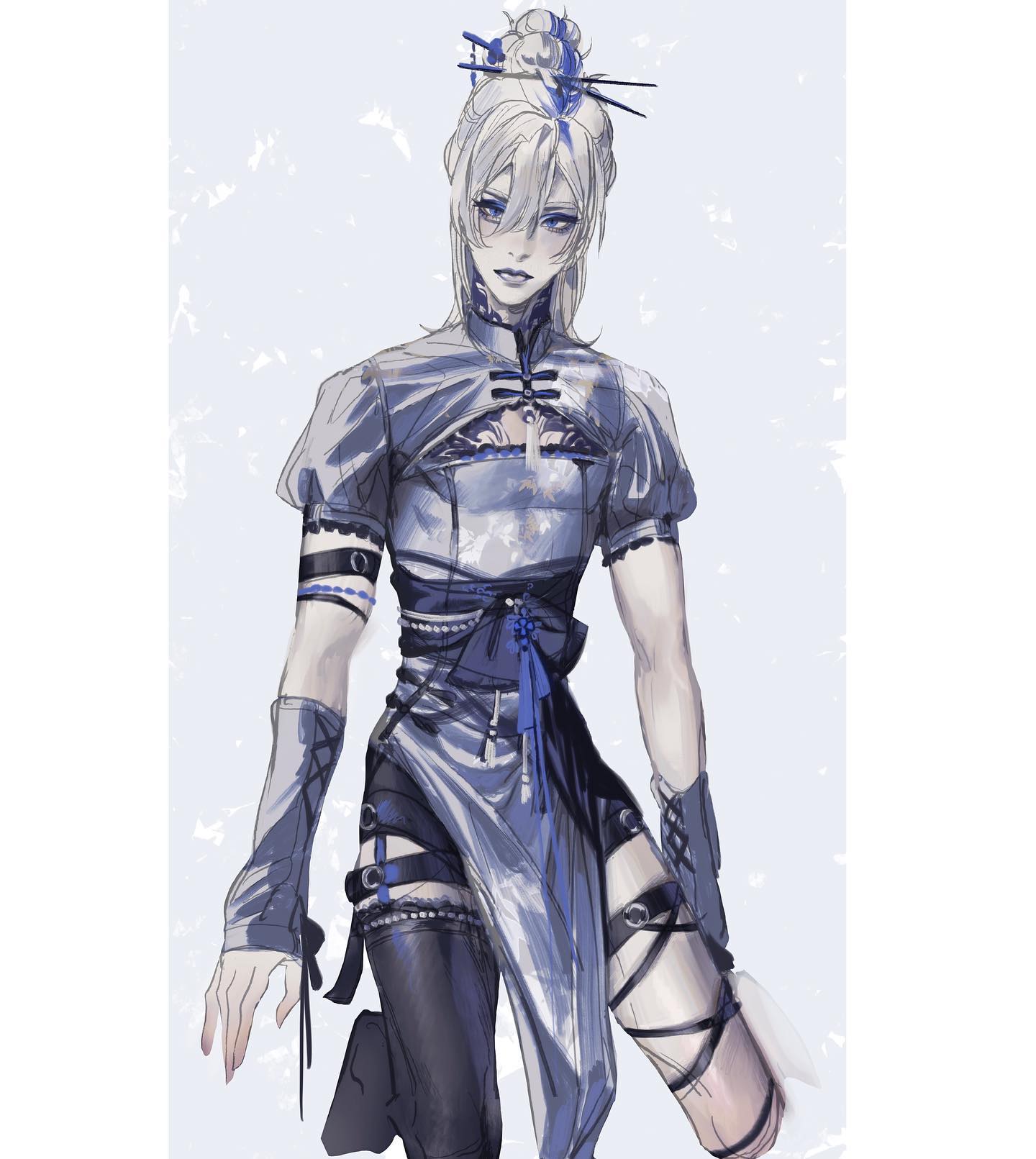 the image showcases a digital illustration of a young man with striking white hair styled in a high bun with chopsticks. he possesses piercing blue eyes and a confident demeanor. the character is adorned in an elaborate, predominantly blue and white outfit, blending traditional asian aesthetics with a modern, edgy touch. the attire includes a semisheer top with intricate patterns, a highwaisted skirt with thighhigh slits, and an assortment of belts and straps. the artwork employs soft lighting and a frontal perspective, emphasizing the character's elegance and captivating presence.