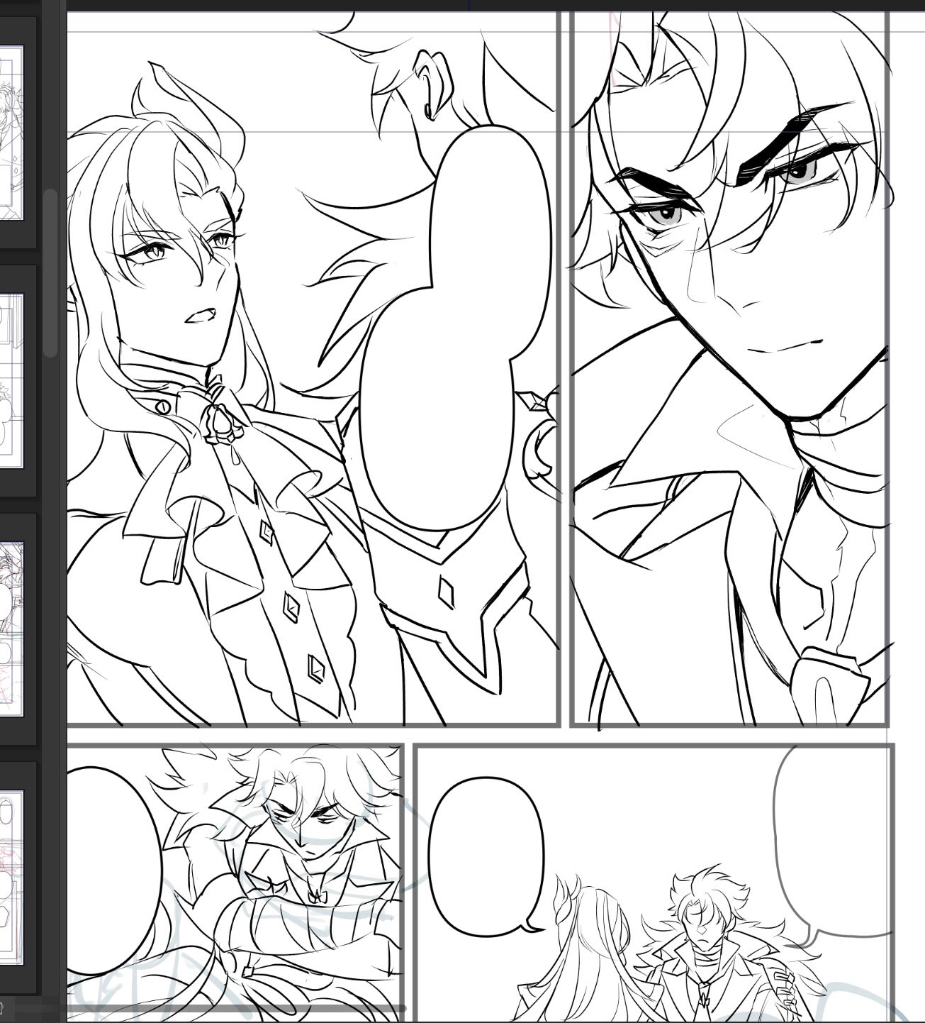 a manga comic page featuring two male characters, one with long, flowing hair and an expression of annoyance, and the other with a more stoic expression. the page is divided into panels that show their interactions. the panels are filled with intricate line art and detailed expressions, hinting at a romantic or emotional scene.