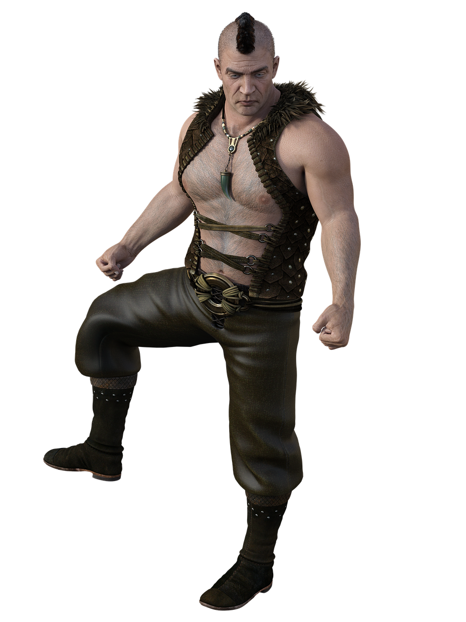 an image of a muscular man with a mohawk, wearing a leather vest with fur trim, pants, and boots. he has a necklace with a green pendant. he is in a fighting pose, with one leg raised and fists clenched, and appears angry. the background is black. the man is a fantasy character, possibly a warrior or medieval figure.