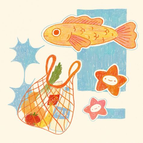 the illustration features a vibrant, whimsical scene. a bright orange goldfish swims above a string bag filled with groceries (a tomato, banana, orange, and a carton of milk).  two cute, stylized orange stars with smiling faces float near the bag.  the background includes light blue textured shapes that resemble stylized stars. the overall style is playful and uses a color palette of oranges, yellows, and light blues.  the artwork appears handdrawn, possibly with colored pencils or pastels, giving it a textured feel.