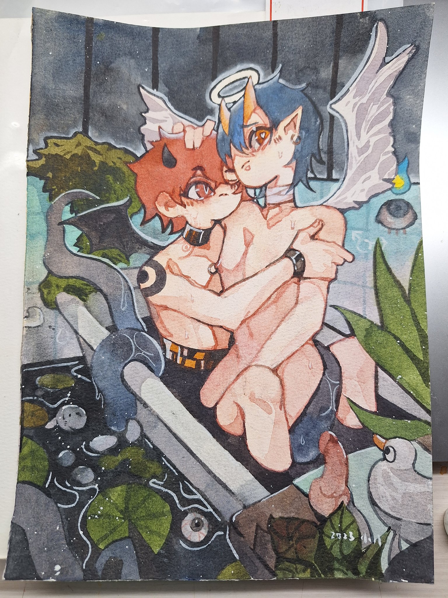 this is a watercolor painting of an angel and a