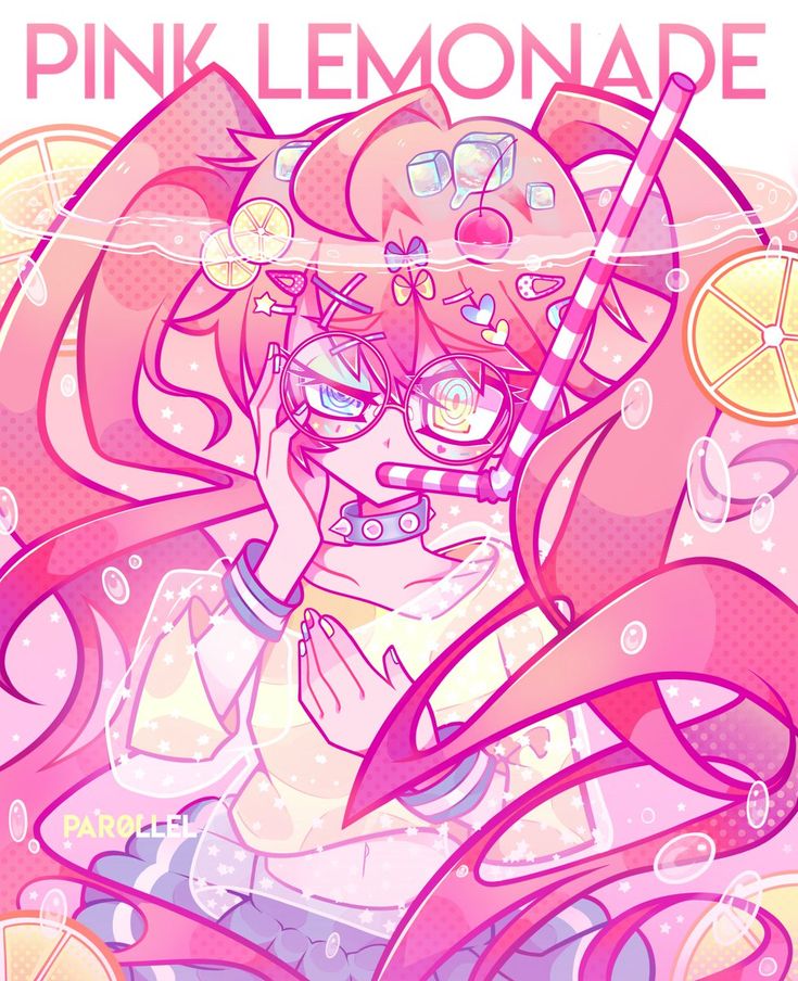 a digital illustration of a cute anime girl with pink hair,  wearing glasses and a straw,  surrounded by pink lemonadethemed elements like lemons, cherries, hearts, and stars. the image is in a vibrant, kawaii style, with a pink background.