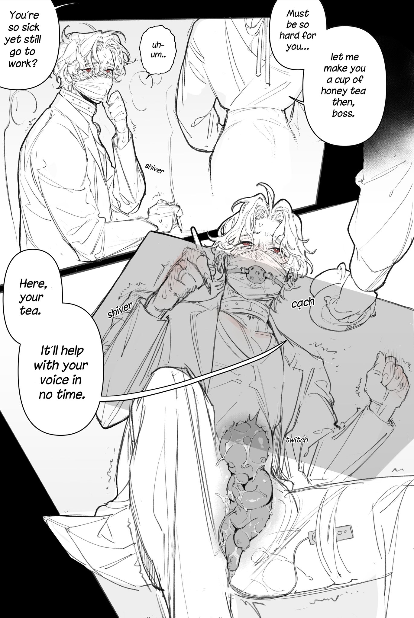 the image shows a character who is sick in bed being comforted by another character who is bringing them a cup of honey tea to help their voice.  the sick character is coughing and shivering while the caregiver comforts them and makes sure they are warm.