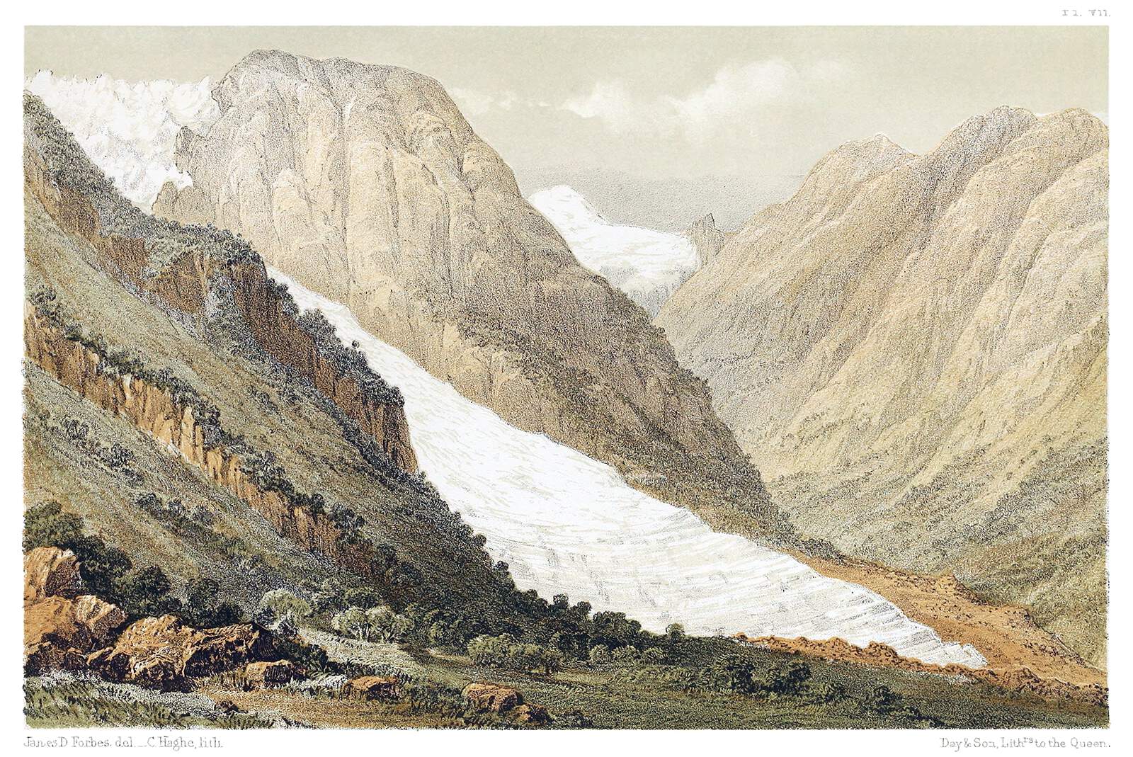 a landscape lithograph depicts a mountainous region with a glacier. the mountains are textured and vary in height, with some snowcapped peaks visible. a large glacier extends down the valley, with greenery and trees at its base. the lithograph is credited to james d. forbes and c. haghe, with printing by day & son.