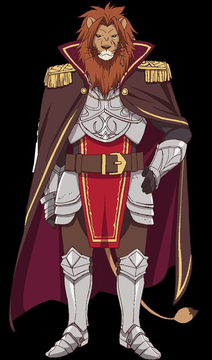 this is an illustration of a male anime character. he is a anthropomorphic lion knight, standing with a serious expression. he is wearing silver armor and a long crimson red cape with gold trim. his armor is detailed and includes a chestplate, shoulder guards,  elbow guards, knee guards, and gauntlets. he is also wearing a brown belt and brown boots. the character has a long red mane that falls around his shoulders and he has a long tail that is partially visible under his cape. the background is black.