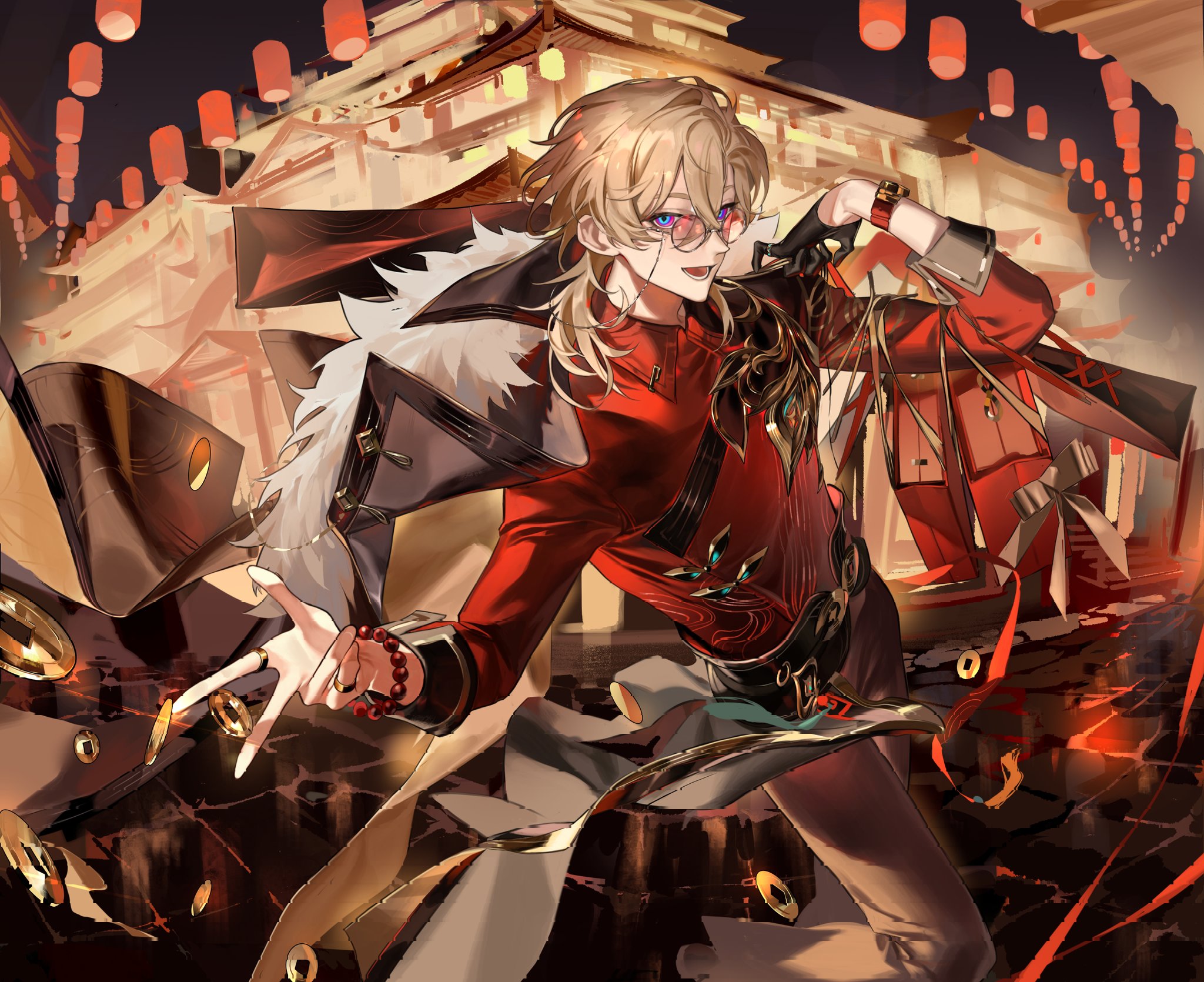the image is a vibrant digital painting of an animestyle male character. he has blond hair, is wearing a stylish red and black outfit with gold accents that seems inspired by traditional chinese clothing, and he is holding some gold coins. the background features a building with red lanterns, suggesting a festive setting. the overall style is dynamic and actionoriented, with a focus on movement and detail in the character's clothing and pose. the color palette is rich and saturated, dominated by reds, golds, and blacks. the art style is highly detailed and expressive.