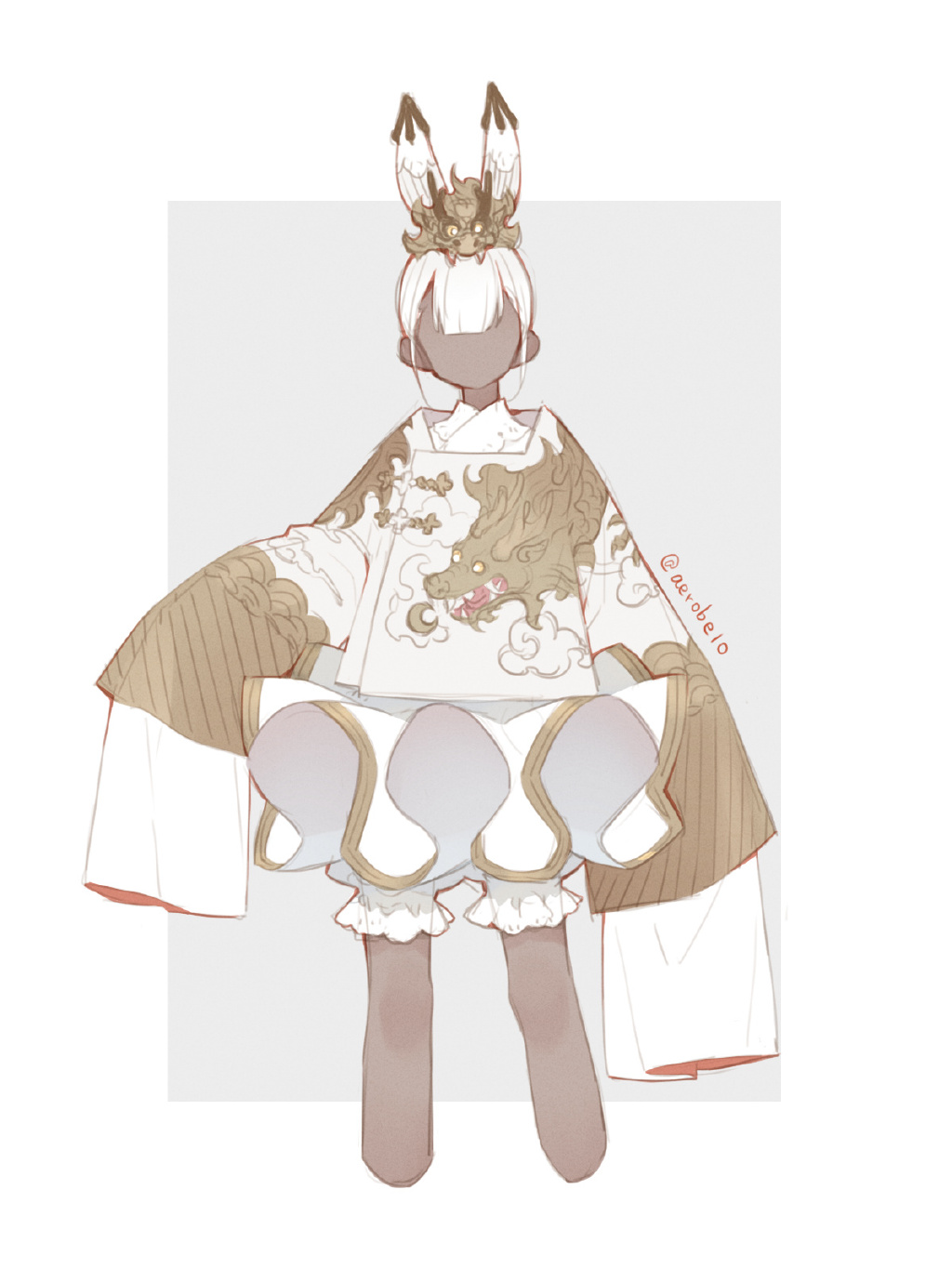 a digital sketch showcases a stylized character outfit concept.  the design is inspired by east asian aesthetics, incorporating elements like a loose robelike top, a layered skirt, and a headdress reminiscent of fox ears adorned with a dragon motif. the color palette is soft and muted, emphasizing the ethereal quality of the design.  the focus is on the garment details, with intricate patterns of clouds and a prominent dragon on the top.