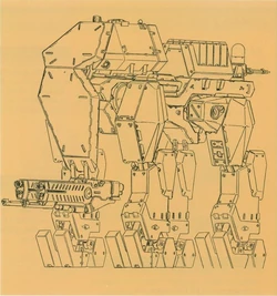 a detailed black and white line art drawing of a robotic vehicle with many articulated limbs and a large gun. the robot appears to be a scifi mech with several futuristic features. the robot has a large blocky body with many gears and moving parts, and the robotic limbs have several articulated joints. the drawing shows the robot standing on a flat surface, with its limbs bent at strange angles. the robot is facing the viewer, and its gun is pointed forward.