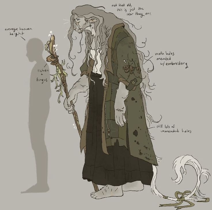 an illustration of a woman standing with a stick in her hand. she is very old and has long, white hair. she is wearing a long dress that has a lot of moth holes. some of the holes are mended with embroidery. she is much taller than the average human. the woman is standing next to a silhouette of a person, showing how much taller she is.  the illustration is done in a cartoon style and uses brown, white, and green colors. there are notes on the image that describe her age and the holes in her dress.