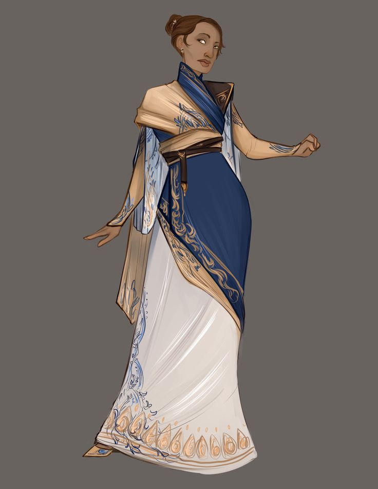the image showcases a digital painting of a woman elegantly dressed in a long, flowing gown. the gown is primarily offwhite, adorned with intricate gold and blue detailing that resembles floral or paisley patterns.  a darker blue overlay creates a layered effect. a beige shawl or wrap drapes over her shoulders. she has dark skin, dark hair tied up in a bun, and appears to be of noble or high social standing. the art style is refined and detailed, with a focus on the rich textures and patterns of the clothing. the background is a simple, neutral gray that allows the clothing and the character to stand out.  the overall impression is one of elegance, sophistication, and possibly fantasy or historical fiction.