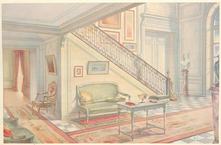 the image shows the interior of a grand hall with a staircase. there is a painting hanging on the wall, along with furniture such as a chair, sofa, and table. a doorway leads to another room, and a rug covers the floor. there is also a bust on a pedestal, a vase on a table, and a window providing natural light. the walls are adorned with architectural elements. artwork is visible throughout the hall. a picture frame is also seen on the wall, and a balustrade lines the staircase.
