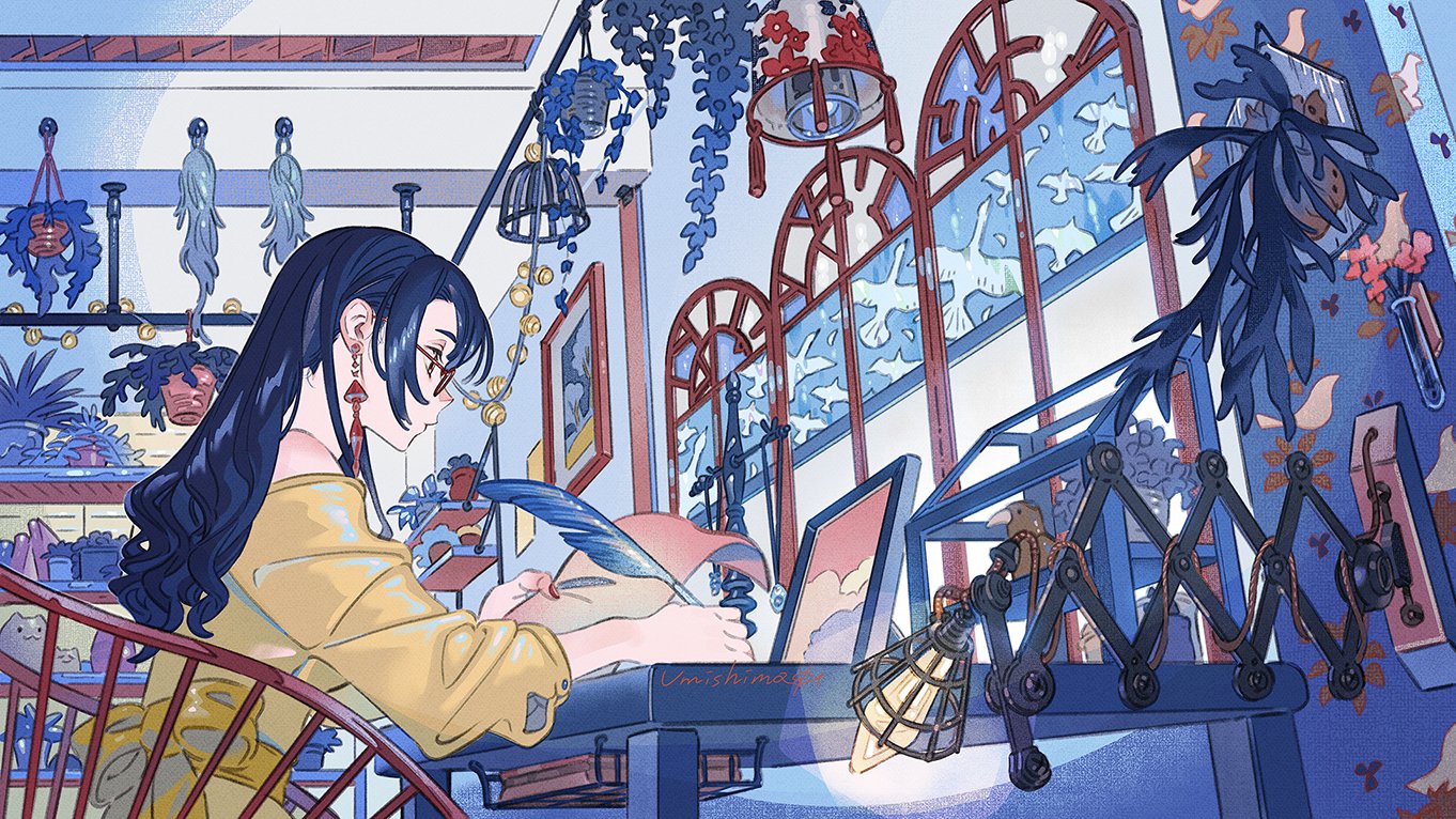 the image is a digital illustration or painting of an animestyle young woman with long dark blue hair and glasses sitting at a desk in a brightly lit room filled with plants and unique decorative elements. she is writing with a quill pen and appears focused on her work. the room is decorated in a whimsical and colorful style, with a mix of modern and vintage elements. the overall mood is peaceful and serene, suggesting a creative and inspiring workspace.