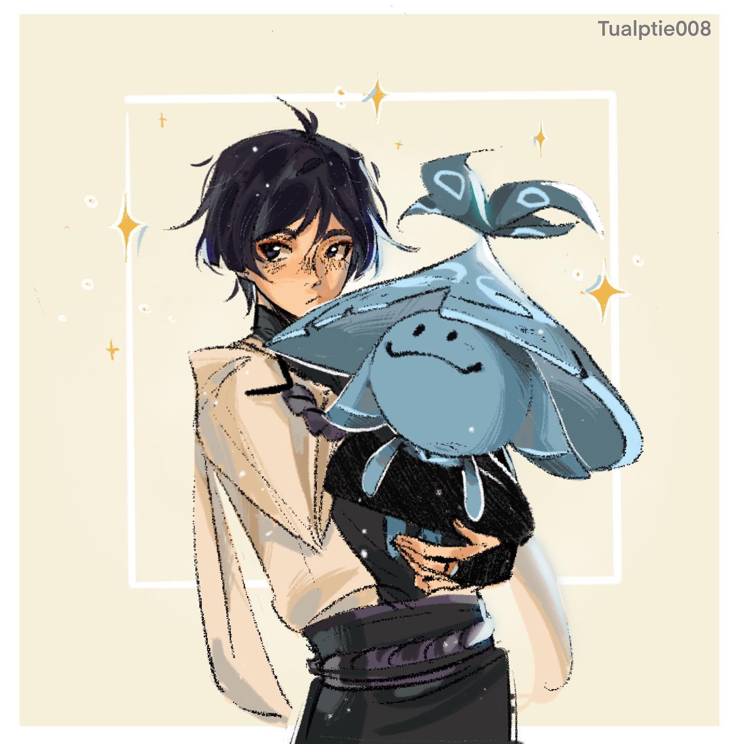 the image is a digital fanart depicting a young man with dark hair and glasses gently holding a whimsical, blue creature that resembles a small, friendly mushroom or hatlike being. the style is animeinfluenced with soft, pastel colors and a touch of fantasy.  the background is a simple, light beige with gold sparkles. the overall mood is lighthearted and charming. the artist's signature, "tualptie008", is visible in the upper right corner.
