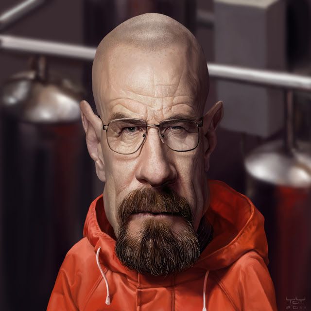 caricature of walter white (bryan cranston) from breaking bad wearing an orange hoodie, with a bald head, beard, and glasses. the background appears to be a laboratory setting, and the artwork is signed and dated 2011.