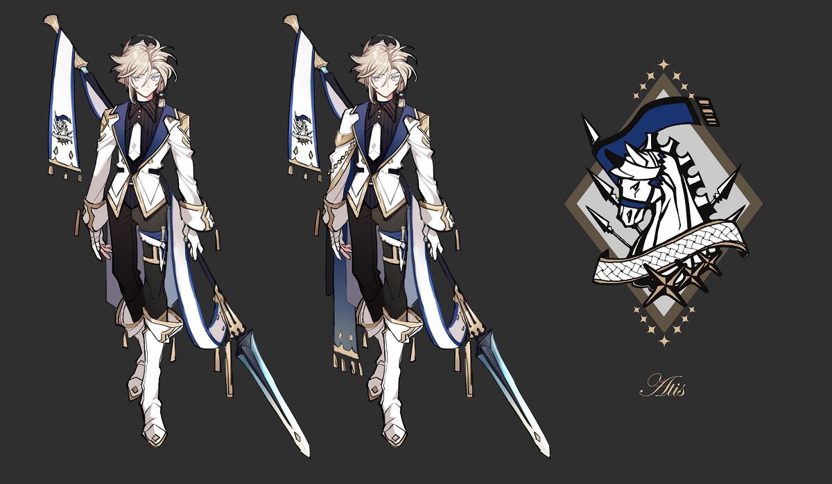 the image is an illustration of an anime character with white hair and blue eyes. he is wearing a white outfit with a blue scarf and white boots. he is holding a sword and spear in his hands. the character is standing in front of an emblem with a white horse, wings, and a spear. the illustration is drawn in a digital style.