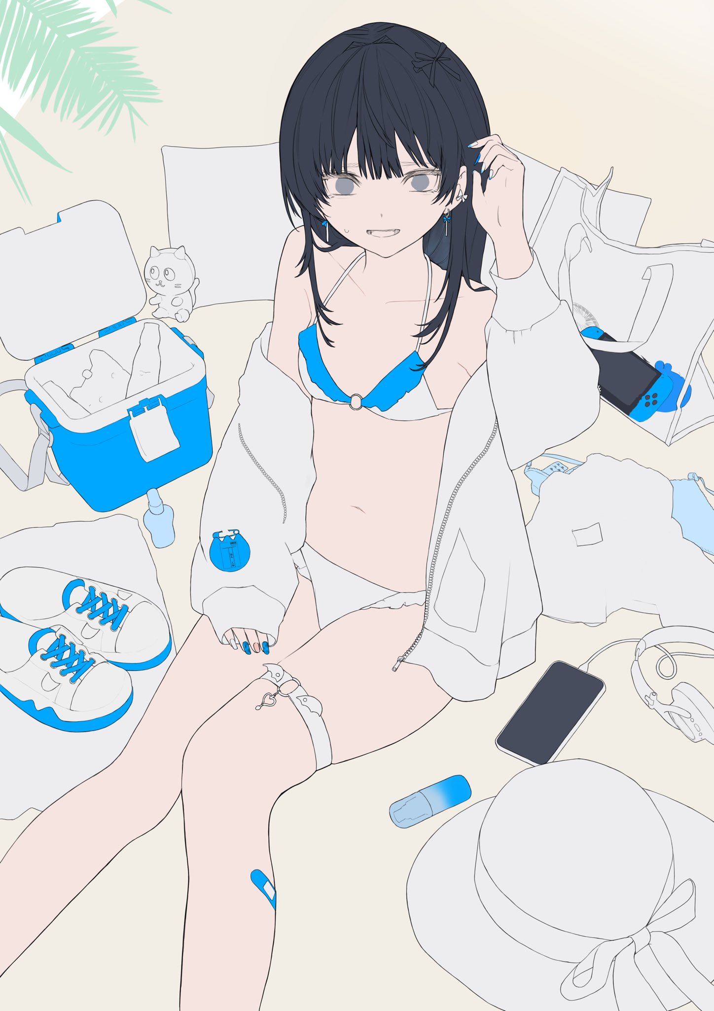 he image is a digital illustration of an anime girl relaxing on a beach. she is wearing a light blue bikini and a white jacket.  around her are various beach items, including a cooler, snacks, shoes, headphones, a phone, a sunhat and a bandage on her leg. the style is light and pastel, creating a calm and serene atmosphere. the girl has dark hair and a relaxed expression. the overall feel is cute and kawaii.