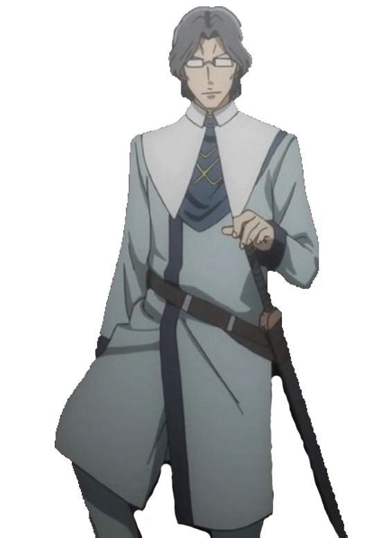 this image shows an anime character standing with a sword. the character has white hair and glasses, and is wearing a long, gray coat.