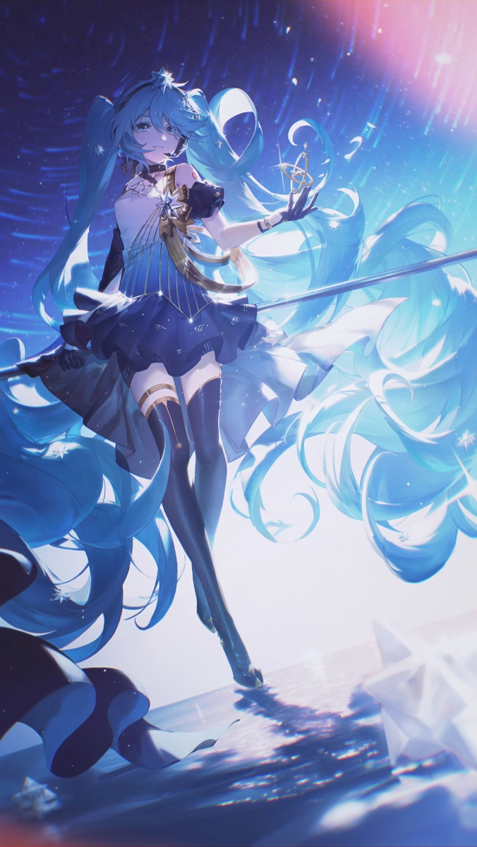 an animestyle illustration of a young woman with long, flowing blue hair styled in twintails. she is wearing a dark blue dress with a light blue accent and black stockings with gold accents. she is standing on a reflective surface with glowing stars and magical effects surrounding her. the background is a mix of dark blue and light, creating a fantasylike atmosphere. she holds an object in her hand and has a hooded figure next to her.