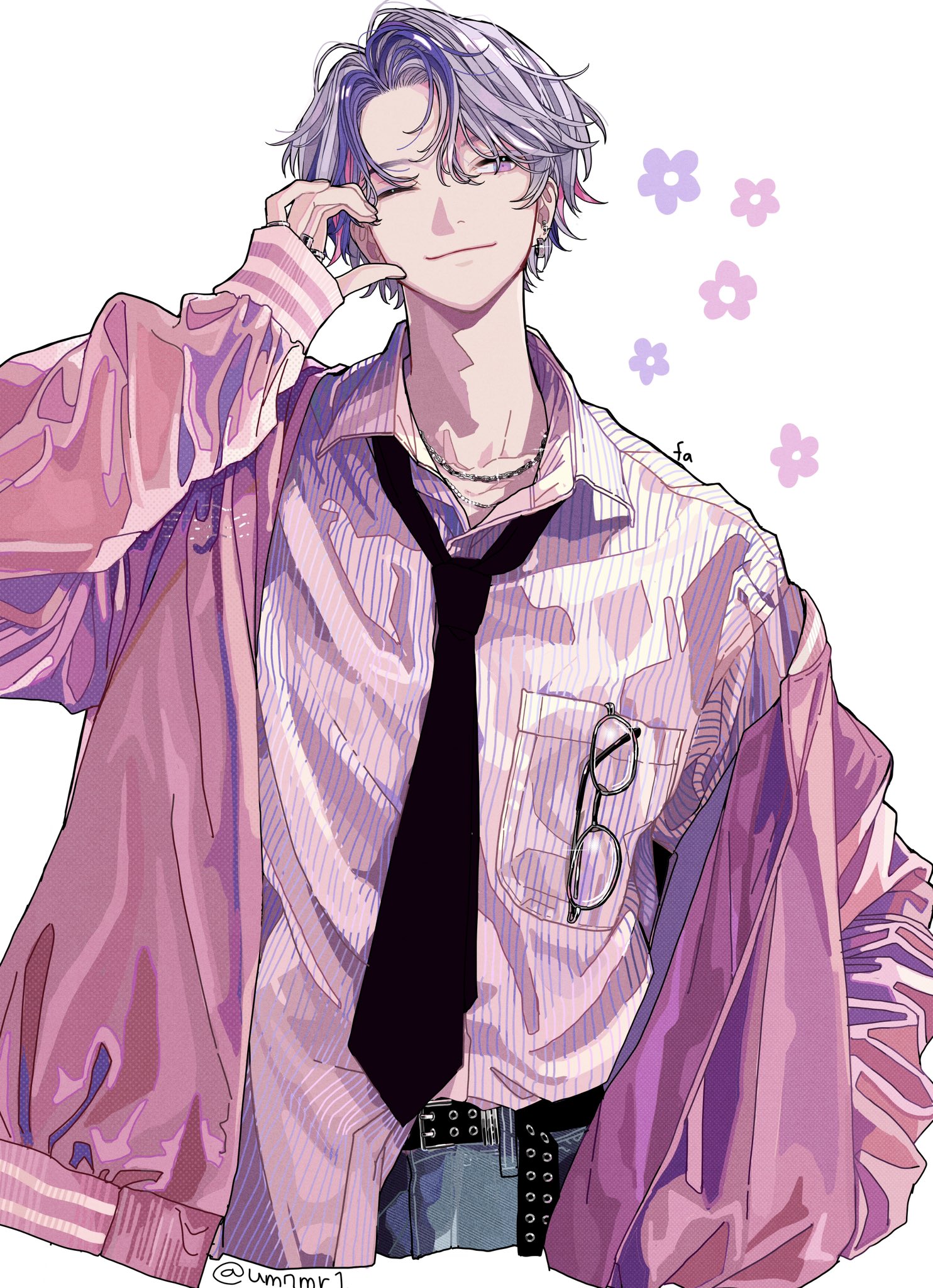 a digital illustration of a young man with light purple hair and a pink jacket. he is wearing a striped shirt with a tie, and has glasses in his pocket. he also has a necklace and silver earrings. he is smiling and has purple flowers around him.