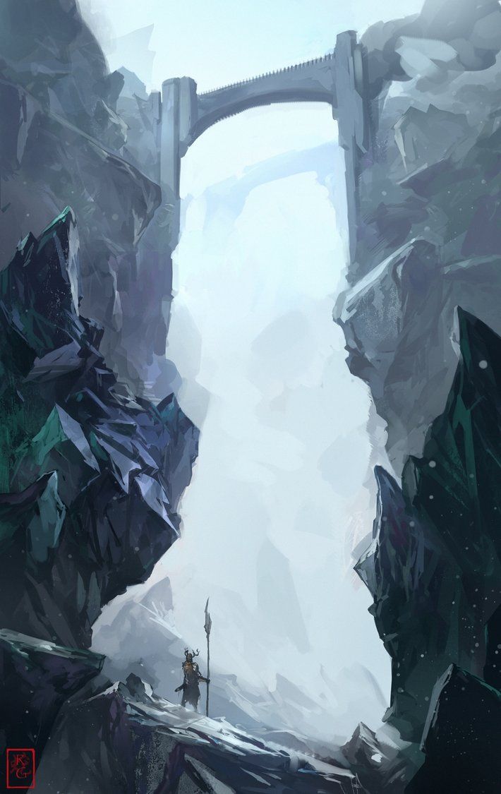 a digital painting depicts a fantasy landscape with a mountain valley and a large stone bridge arching overhead. a warrior figure stands in the foreground, holding a spear, seemingly about to embark on an adventure through the snowy terrain. the scene evokes a sense of scale and wonder.
