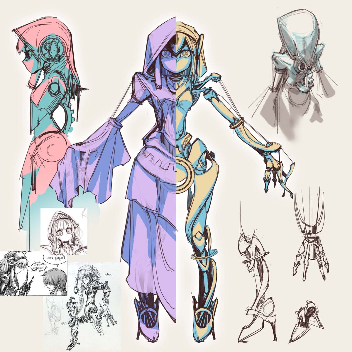 this image showcases a character design concept of a female robot with a humanoid appearance.  the design appears to be in its early stages, with a rough sketch style, color blocking, and details in pencil. the character's clothing is a flowing dress, and the legs are depicted as mechanical. the image features a variety of other sketches including, a closeup of the head, and details of the robot's legs. there is also another character design in the bottom left corner, suggesting a potential companion or related character.  the overall style is reminiscent of anime and manga, with a focus on character design and expression.