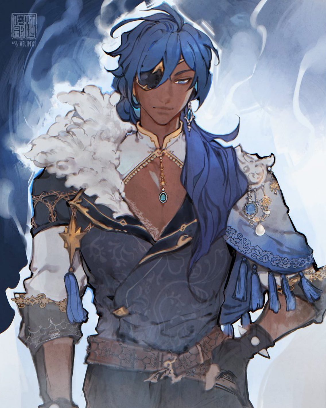 the image is a piece of digital fanart depicting scaramouche (kunikuzushi), a character from the popular video game genshin impact. he's portrayed in an elegant, almost regal outfit that is predominantly blue and gold, adorned with tassels and ornate detailing.  his signature blue hair is long and flowing, and he wears an eyepatch over his left eye. the character has dark brown skin and a serious, somewhat brooding expression.  he is positioned against a hazy, pale blue and grey background that adds to the mysterious and ethereal atmosphere of the artwork. the style of the art is reminiscent of anime and manga, with a focus on soft shading and flowing lines.  the overall aesthetic is both stylish and somewhat melancholic.