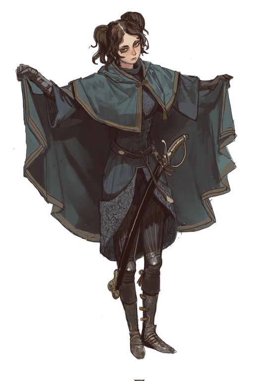 young woman confidently stands with her arms outstretched, holding open a deep teal cape. she is dressed for adventure in a dark blue tunic with intricate embroidery, formfitting trousers, and sturdy boots. a sheathed sword hangs at her hip, hinting at her readiness for whatever challenges lie ahead. her focused expression and subtly windswept hair add to her air of quiet determination.