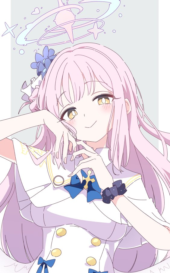 the image is a portrait of a young girl with pink hair and yellow eyes. she is wearing a white dress with blue bows and a black wristband. the girl is smiling and posing with her hands near her face. the background is a light gray with a swirling blue and white halo above her head.