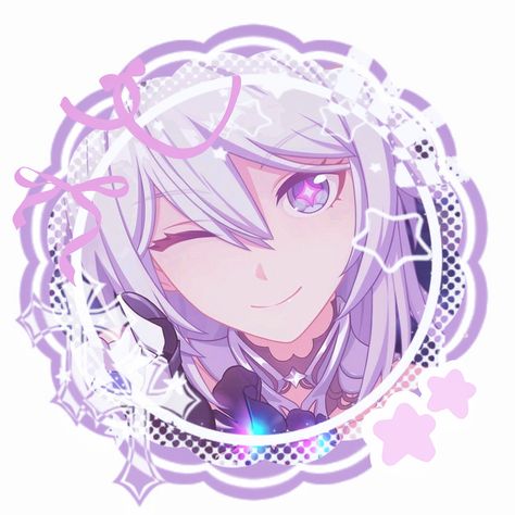 the image is a portrait illustration of an anime girl with white hair and purple eyes, set against a soft purple and white background. she is winking with a playful smile, her expression radiating cuteness. the art style is characteristic of anime and manga, featuring large, expressive eyes and vibrant colors. she is framed by a decorative border with a lacelike pattern and sparkling stars, enhancing the overall kawaii aesthetic of the illustration.