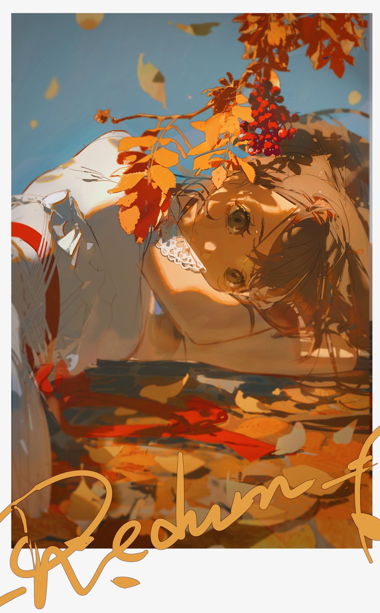 this is a digital painting of a woman in a white dress lying on a ground covered in fallen leaves. she is looking up, her eyes wide.  there is a large branch with red and yellow leaves above her. the overall mood of the painting is one of fall and melancholy.