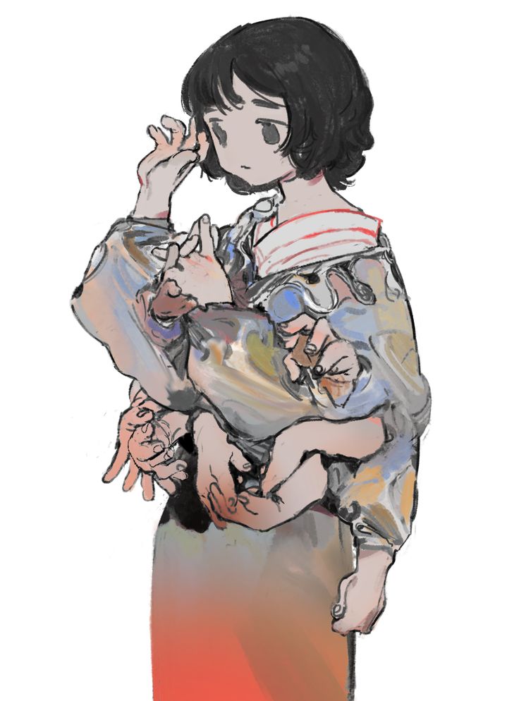 this is an illustration of a young animestyle woman wearing a kimono with many arms. the woman's hair is long and black, and her eyes are closed, giving her a sad expression. the kimono is a vibrant mix of blue, red, and white, with large, abstract sleeves.  there are numerous hands and arms coming out of the kimono, creating a sense of confusion and strangeness.